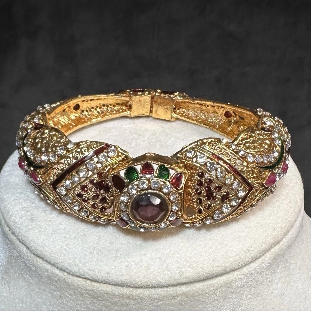 India Bracelet Bollywood Wedding Gold Tone Bangle Red And White Rhinestones